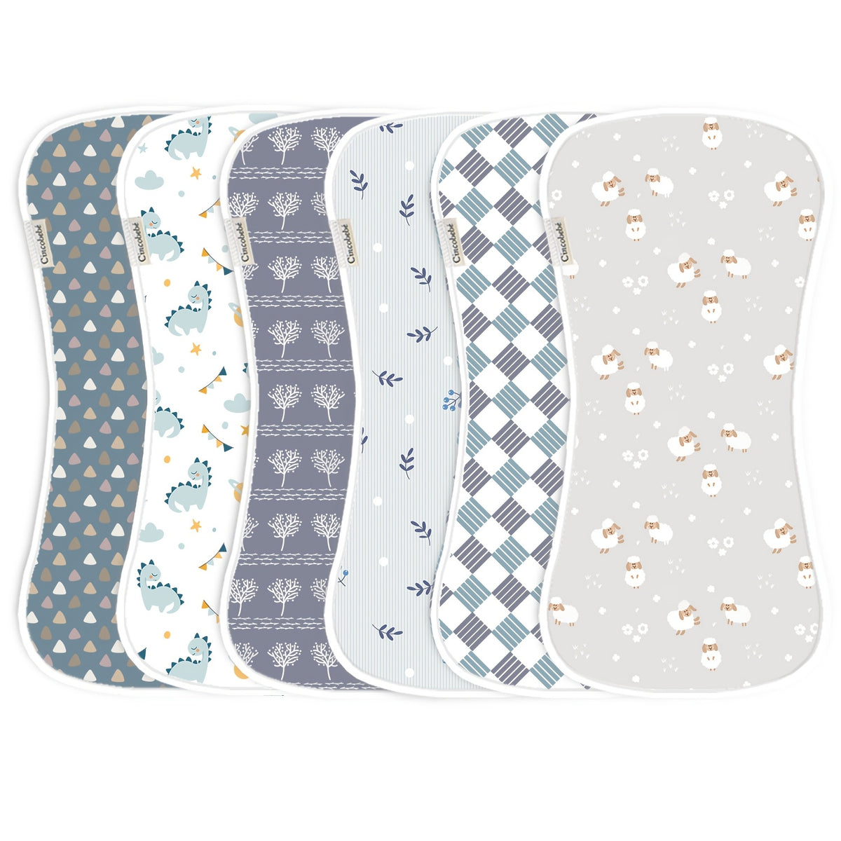 Newborn Burp Cloths 6-Pack, Soft Breathable Contoured Spit-Up Cloth Set with Cartoon Prints for Baby Boys and Girls and Everyday Feeding