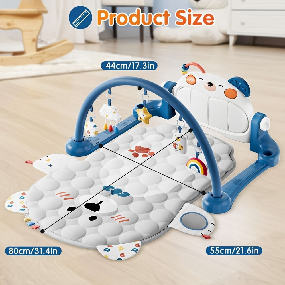 Kick Piano Baby Activity Gym with 5 Detachable Hanging Toys, Blue Play Mat for Supervised Tummy Time, Reaching and Everyday Floor Play