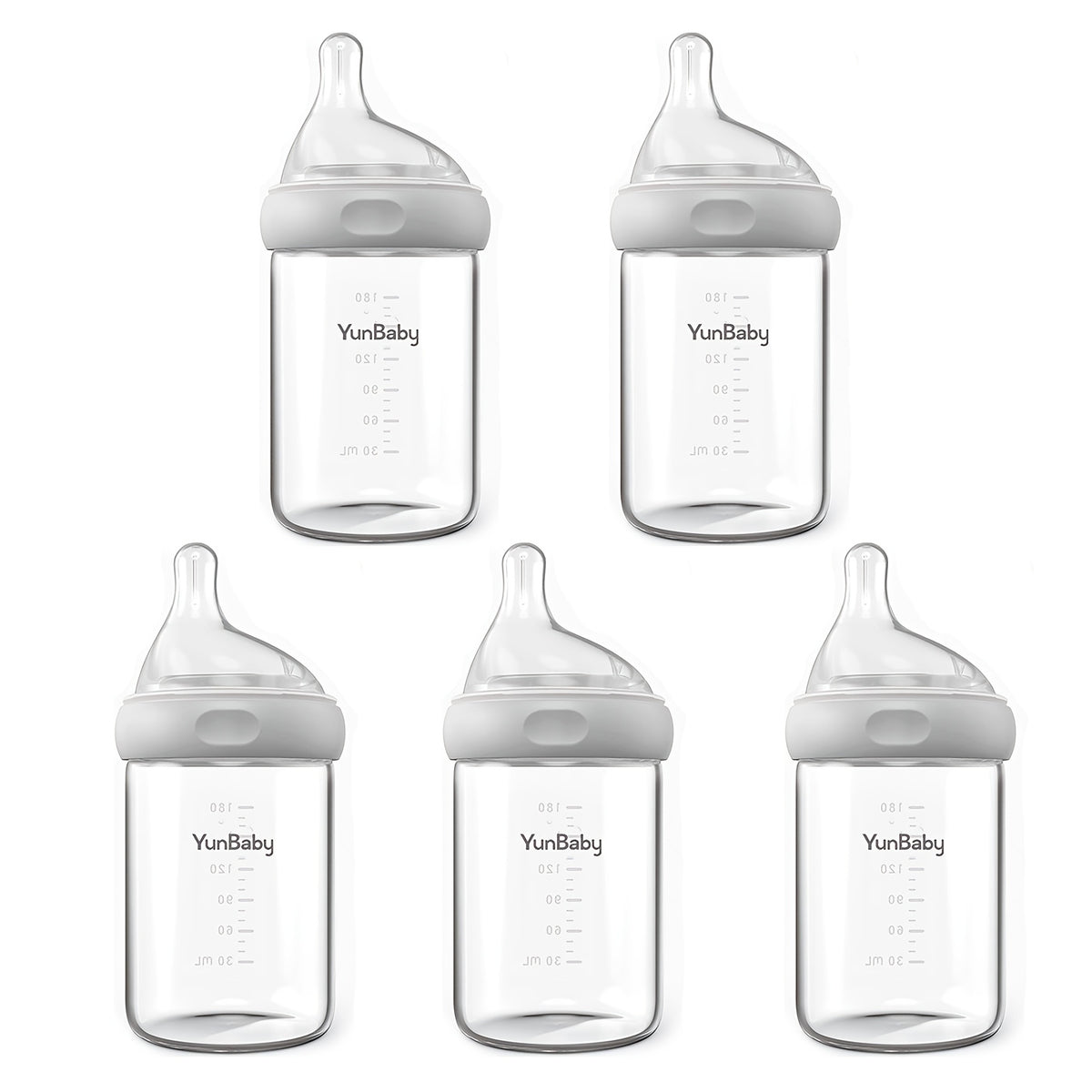 Slow Flow Glass Baby Bottles by YunBaby, 180 mL White Feeding Bottles with Listed Natural Rubber Nipples, Newborn 0+ Label and 1–6 Pack Options