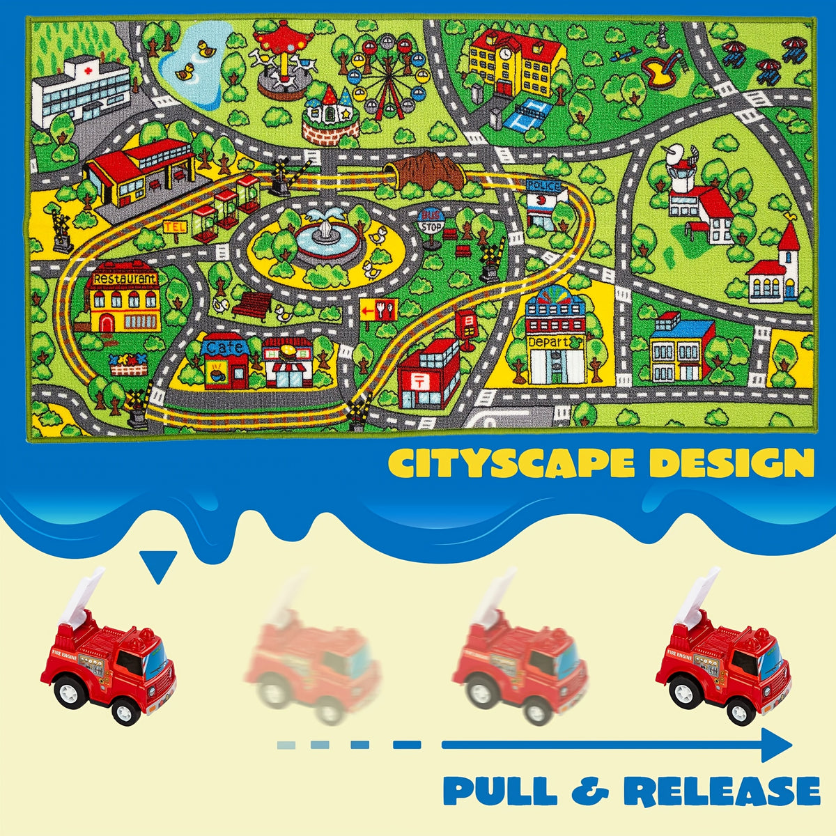 Pull-Back Car City Play Rug Set, 12 Friction-Powered Vehicles with a 58.5 Γ 31.5-Inch Road Map Carpet for Pretend Play, Ages 3+