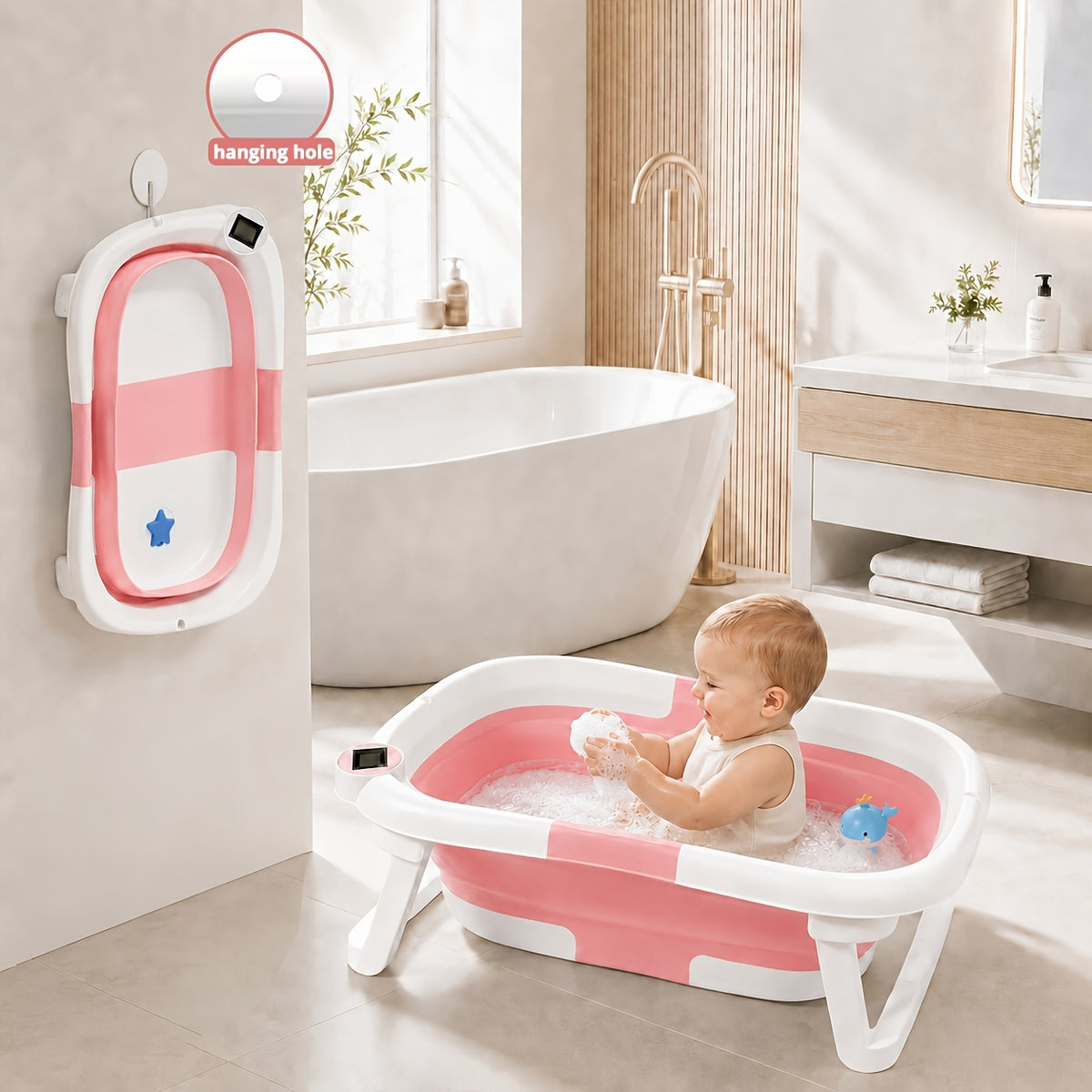 Baby Bathtub with Thermometer and Soft Cushion, Collapsible Infant-to-Toddler Bath Tub for 0 to 36 Months with Easy-Grip Handles in Five Colors