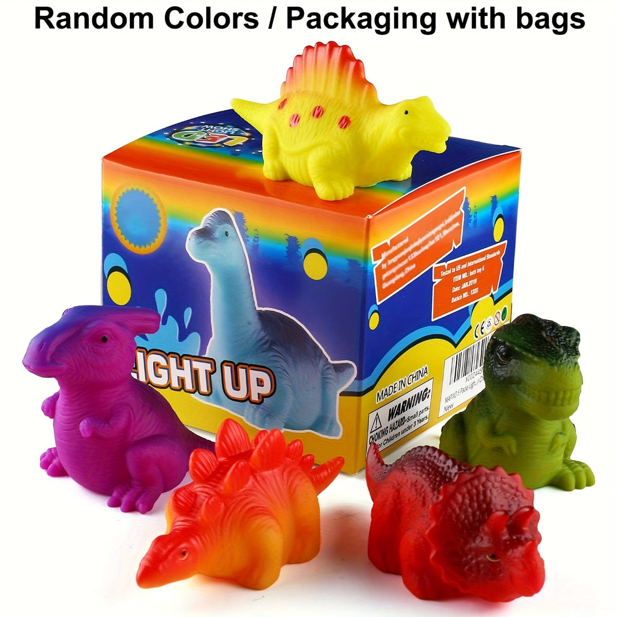 Light-Up Dinosaur Bath Toys 6-Pack, Water-Activated No-Hole Dinosaur Figures in Random Colors for Supervised Bathtub and Water Play