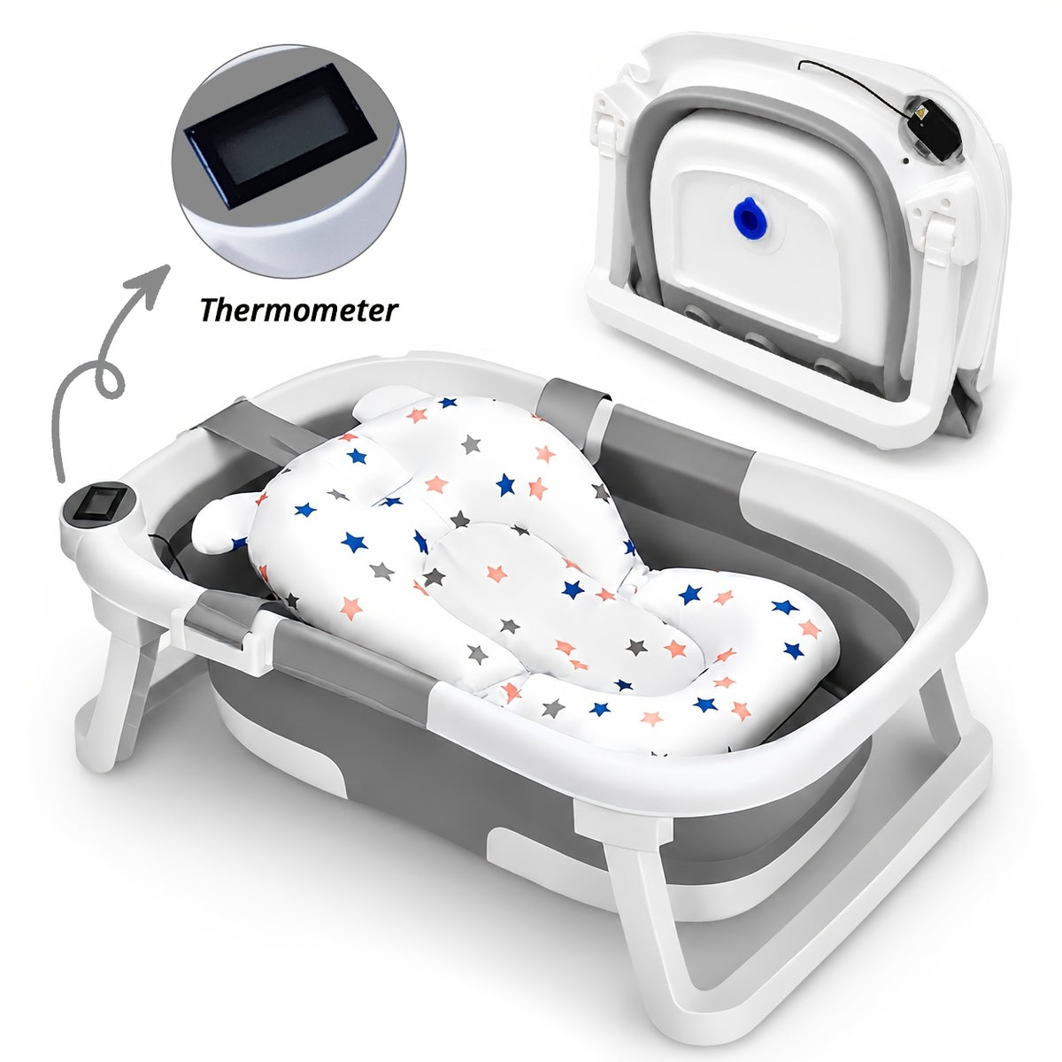 Baby Bathtub with Thermometer and Soft Cushion, Collapsible Infant-to-Toddler Bath Tub for 0 to 36 Months with Easy-Grip Handles in Five Colors