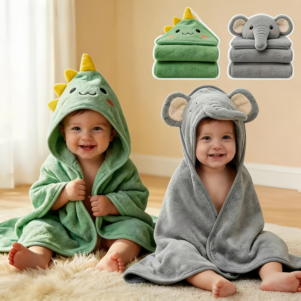 Baby Bath Towels and Swaddle Wraps for Newborns and Toddlers, Soft Absorbent Dual-Purpose Printed Towels in Two-Piece Color Sets