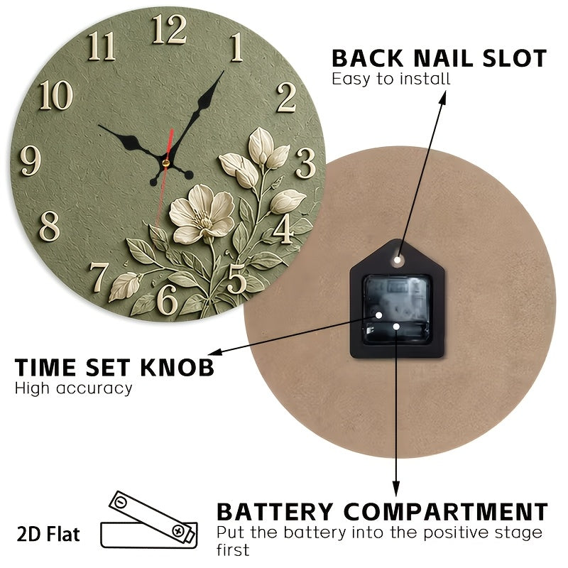 Sage Green Floral Nursery Wall Clock, Silent Non-Ticking 12-Inch Round Battery-Powered Baby Room Decor for Bedroom, Playroom or Classroom