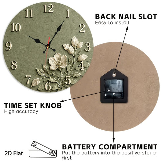 Sage Green Floral Nursery Wall Clock, Silent Non-Ticking 12-Inch Round Battery-Powered Baby Room Decor for Bedroom, Playroom or Classroom
