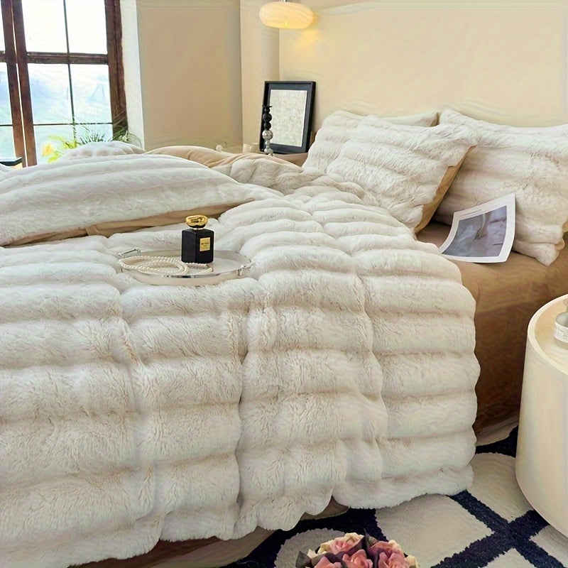 Striped Faux Rabbit Fur Throw Blanket with Flannel Back, Double-Sided Sofa and Bed Cover in Throw, Twin XL, Queen or King Sizes and Multiple Colors