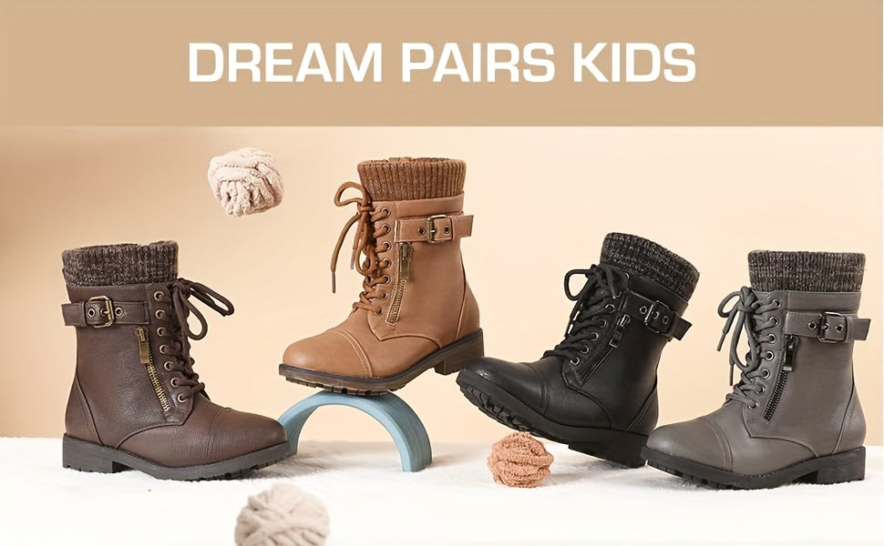 Girls' Lace-Up Western Boots, Mid-Calf Cowboy Style with Round Toe, PU/Fabric Upper and TPR Sole for Fall & Winter, Toddler, Little Kid & Big Kid Sizes