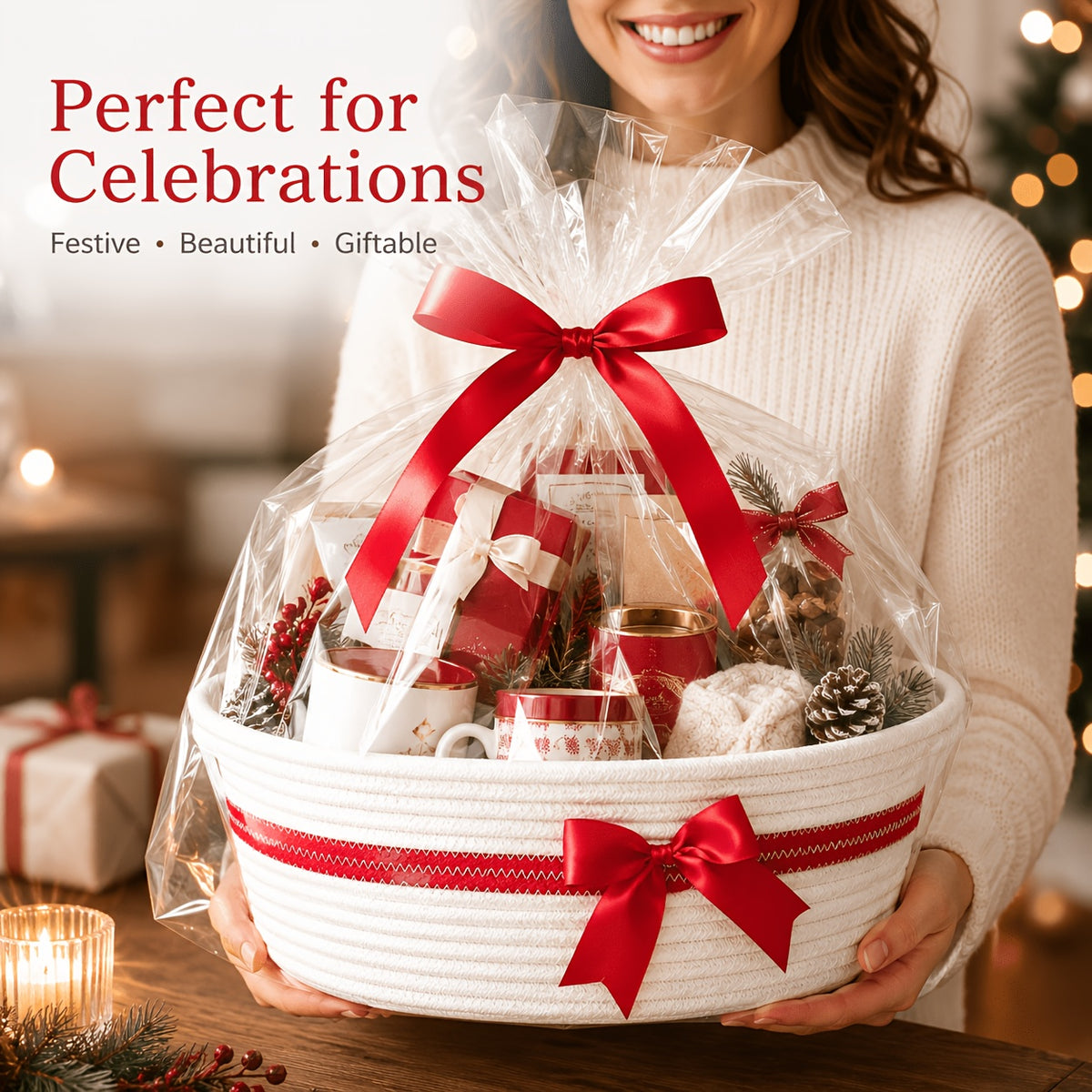 Decorative Gift Baskets with Handles, Pink and White or White and Red Storage Basket Set for Nursery Shelves, Living Room Display and Gifts