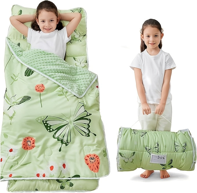 Kids Nap Mat with Pillow and Blanket for Preschool Daycare, Roll-Up Slumber Mat for Boys and Girls, Colorful Prints for Travel and Rest Time