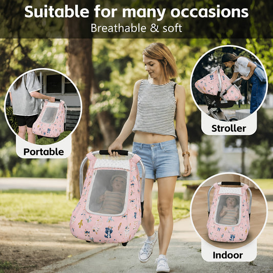 Minky Infant Car Seat Cover for Winter, Beavtaens 3-in-1 Soft Baby Carrier Canopy with Storage Bag, Pink Fox or Pink Flower