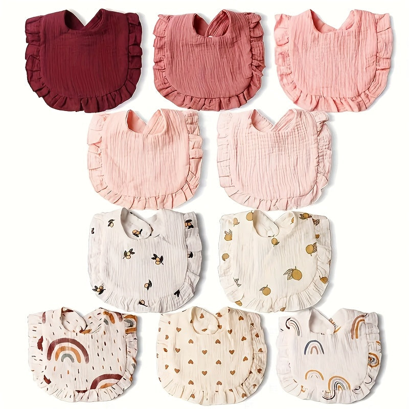 Ruffle Baby Bibs 10-Pack with Solid Colors and Rainbow Fruit Prints, Hand-Washable Fastening Bib Set for Everyday Feeding and Snack Time