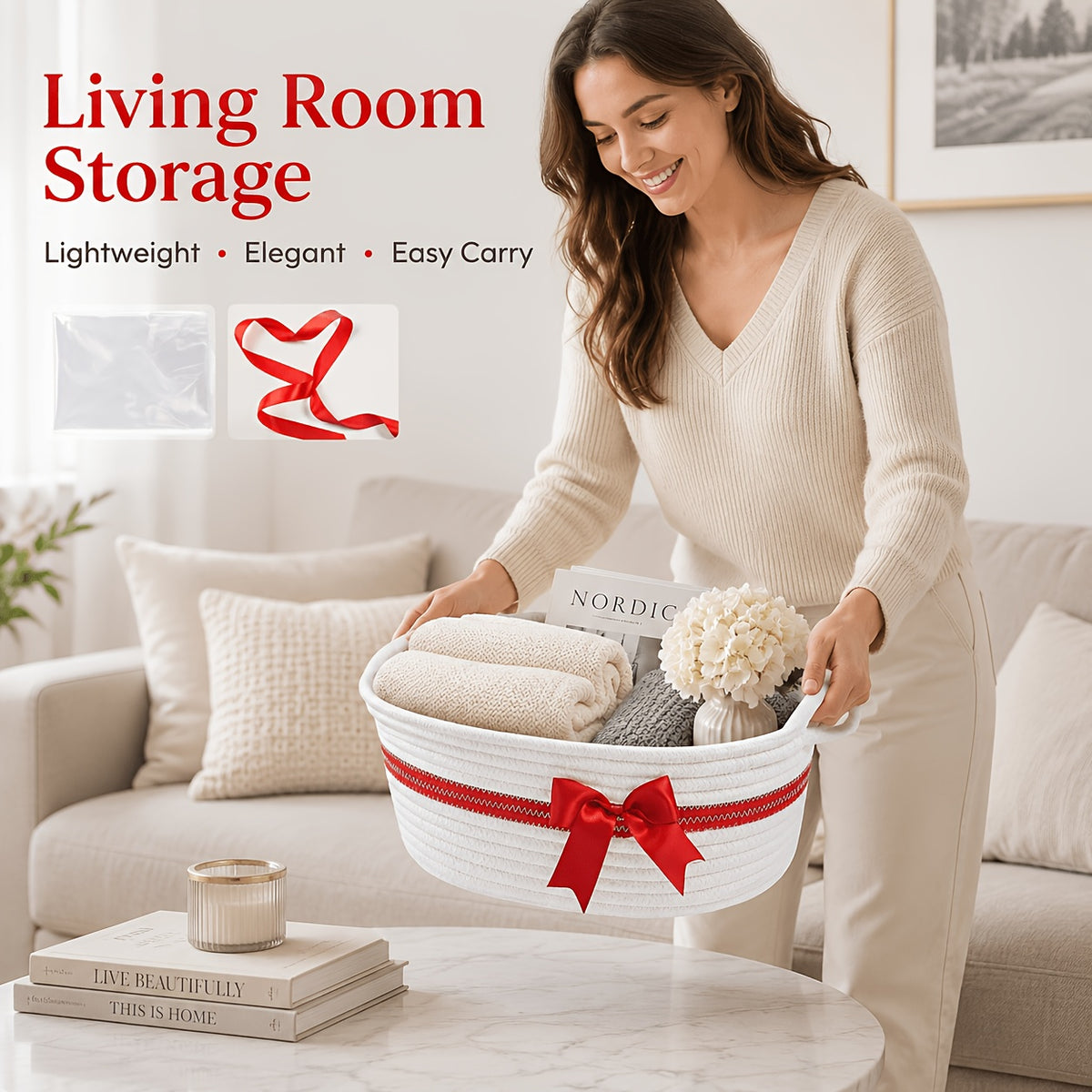 Decorative Gift Baskets with Handles, Pink and White or White and Red Storage Basket Set for Nursery Shelves, Living Room Display and Gifts