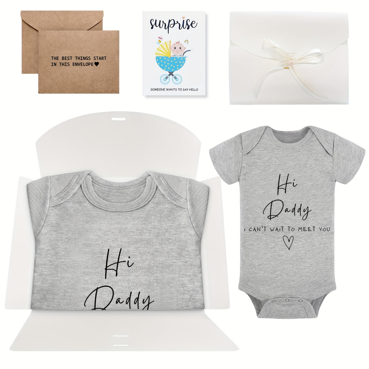 Baby Bodysuit Pregnancy Announcement Set for Husband, 3-Piece Gender-Neutral Outfit Reveal Gift with Message Cards for Dad-to-Be Surprise and Baby Shower Photos