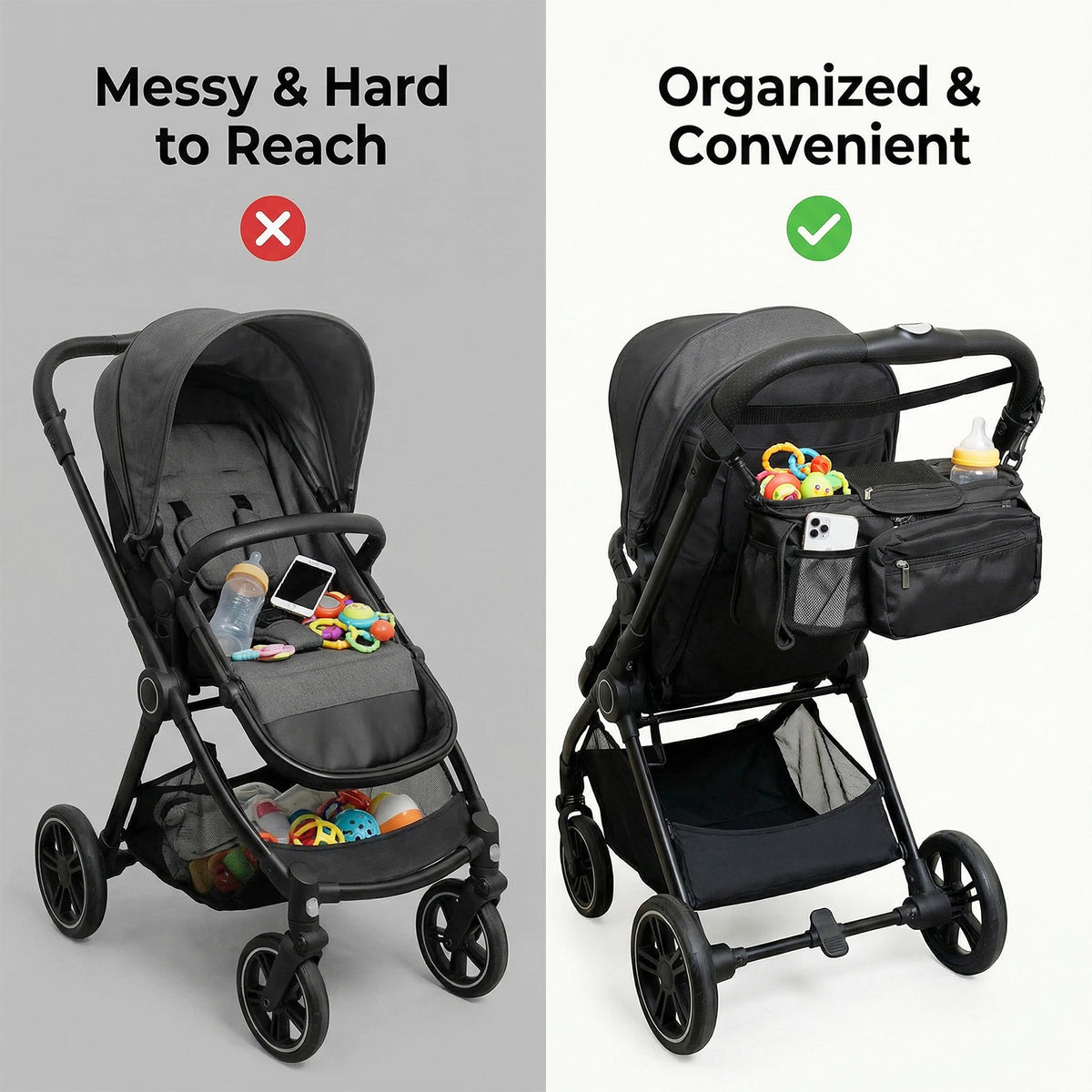 Stroller Console Bag with Dual Cup Holders, Black Hanging Organizer with Detachable Wristlet Phone Pouch and Adjustable Shoulder Strap