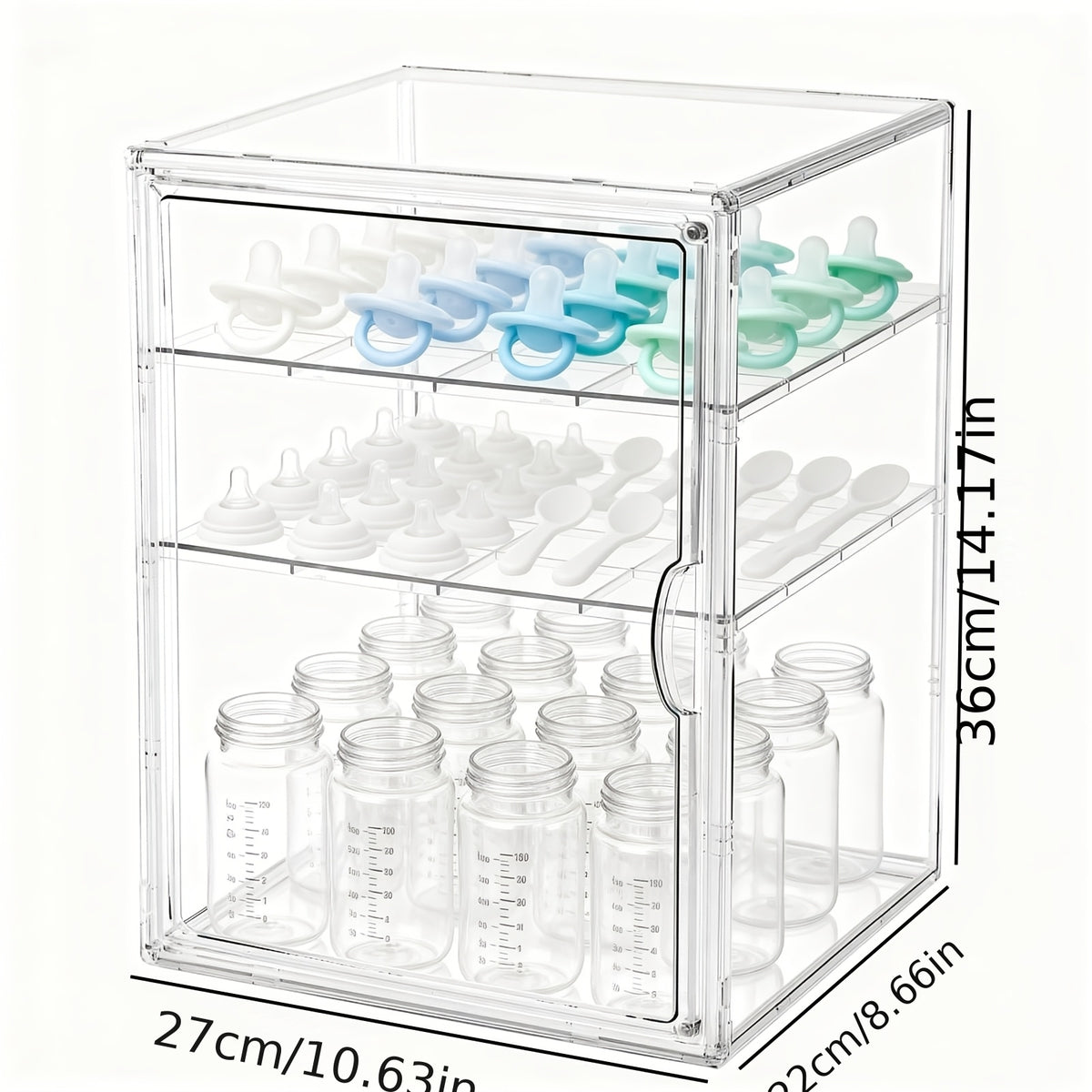 Clear Baby Bottle Storage Organizer with Covered Access and Divided Shelves, Small or Large Feeding Supply Storage Box for Countertop Organization
