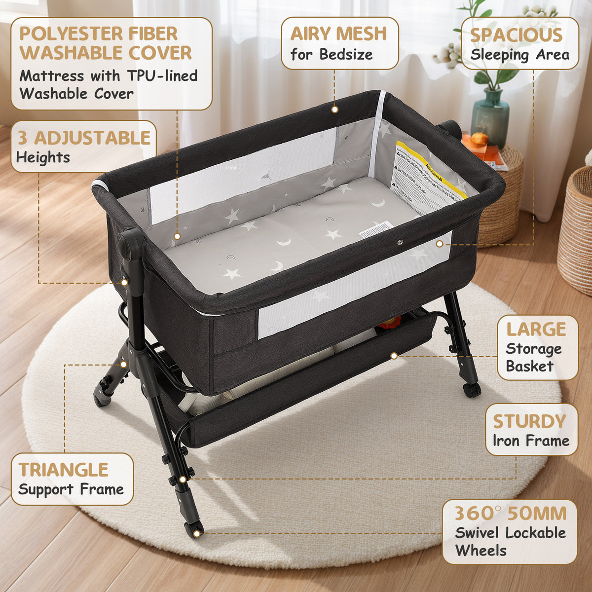 Bedside Bassinet with Lockable Wheels, Height-Adjustable 3-in-1 Crib-Side Infant Sleeper with Mosquito Net and Storage Bag, Dark Gray