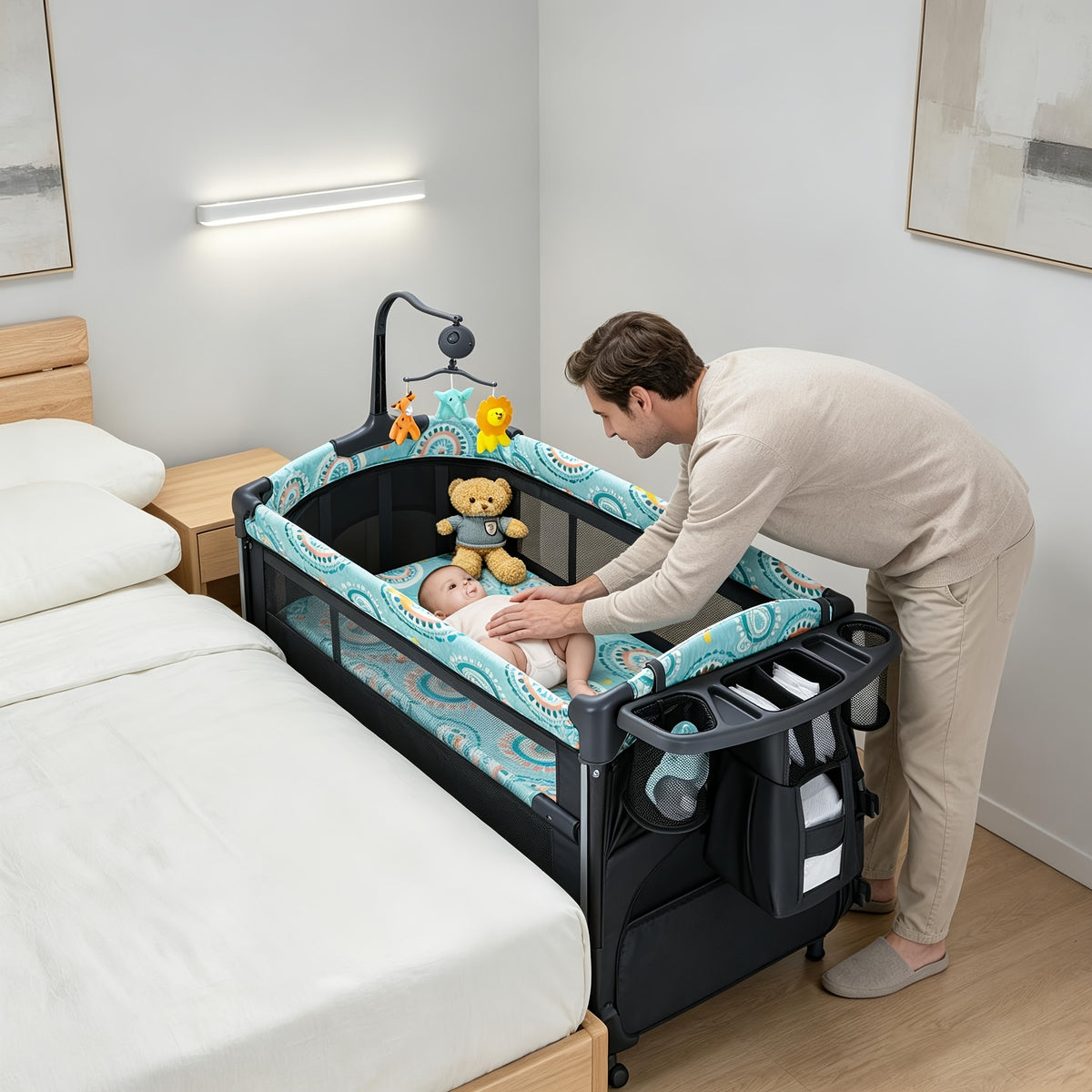 5-in-1 Pack and Play Baby Crib with Detachable Changing Table, Includes Mattress, Storage, Music, and 3 Adjustable Heights, Portable Large Playard for Newborn Baby, Supports Up to 19 Pounds