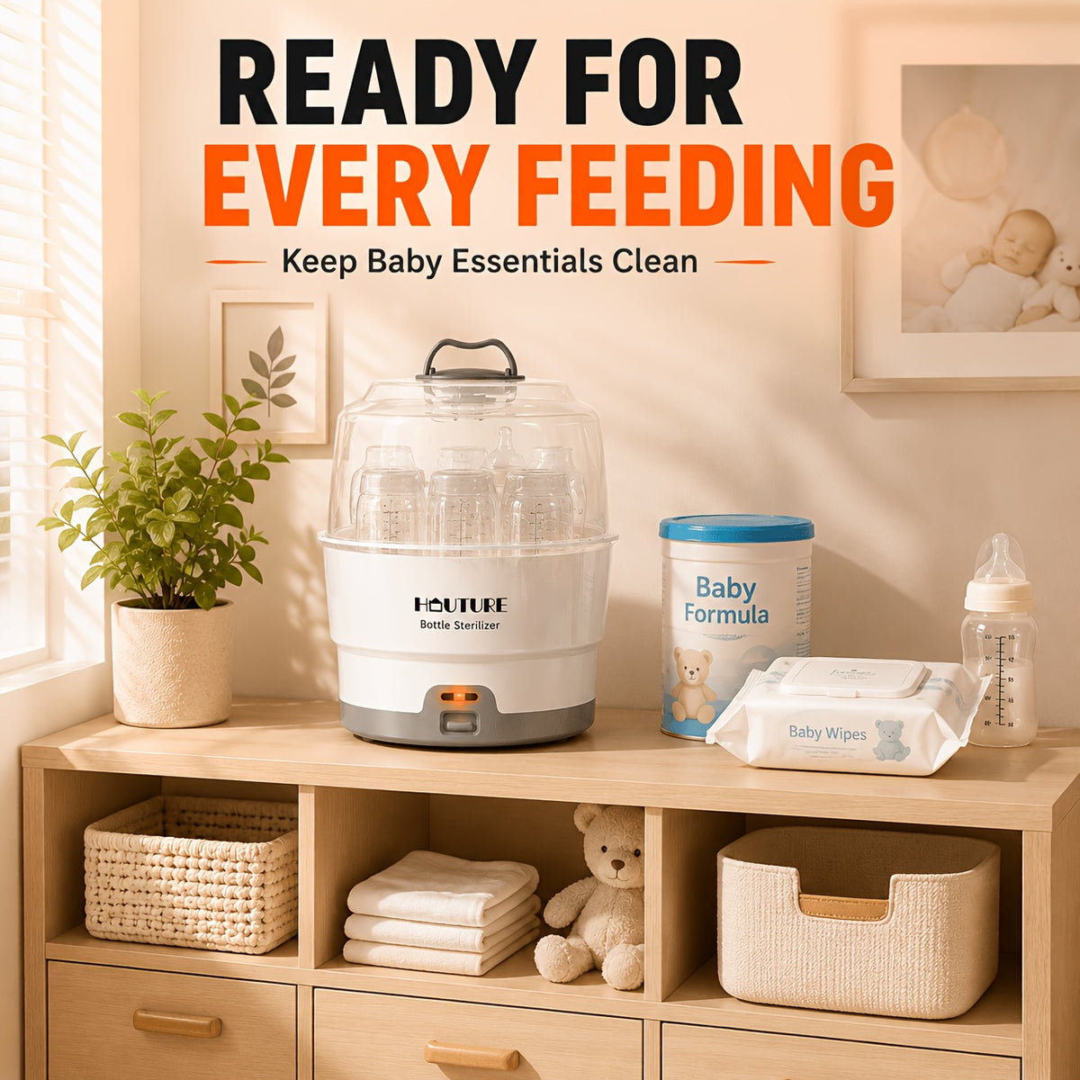 One-Button Baby Bottle Steam Sterilizer, BPA-Free White Countertop Sanitizer with Accessory Rack and Auto Shut-Off for Compatible Feeding Parts