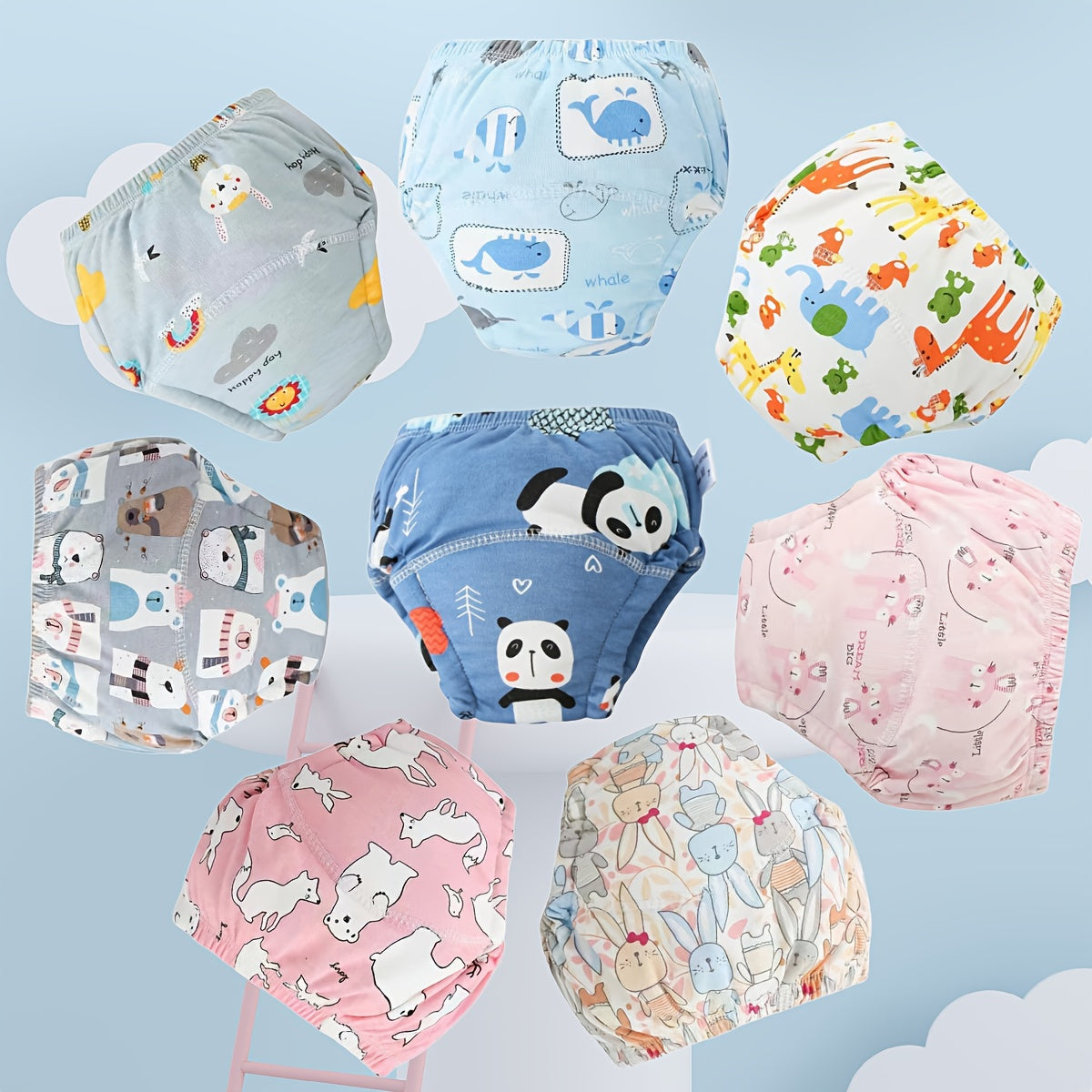 Reusable Washable Toddler Training Pants, 4pcs or 8pcs Pack, Breathable Elastic Waistband Cloth Diapers for Toilet Training, Cute Dog & Animal Prints, Potty Training Gift for Boys and Girls