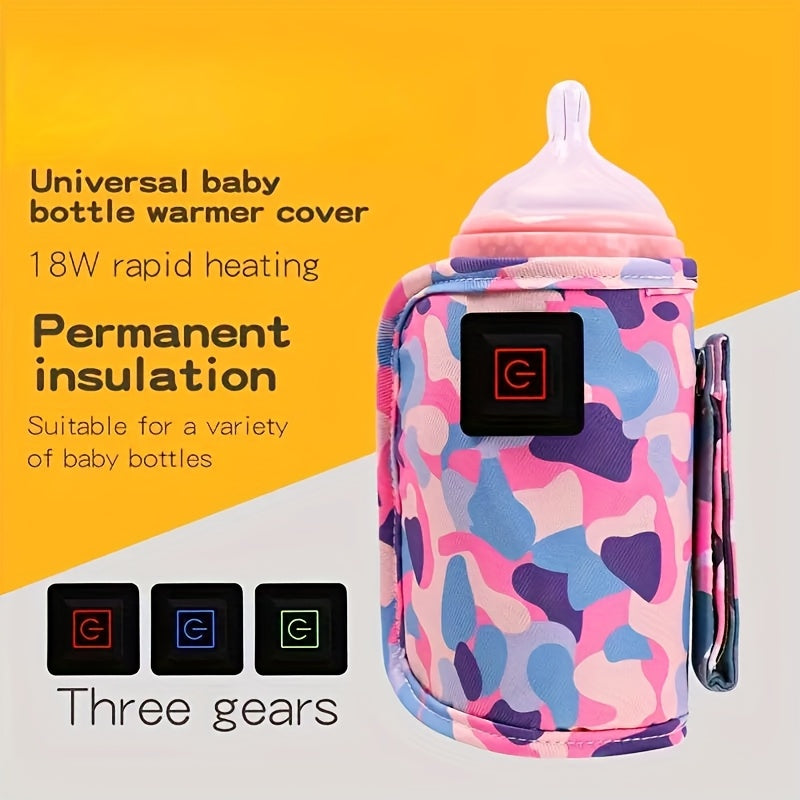 Travel Bottle Warming Cover with 3 Temperature Settings, USB-Powered Portable Baby Milk Warmer Sleeve with Colorful Cat Prints