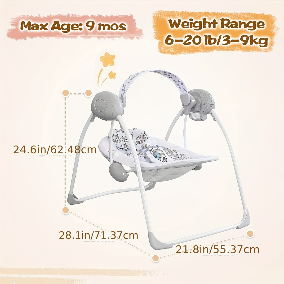 Timer Baby Swing for Supervised Awake Time, Portable Infant Seat in Gray or Pink, Listed 0–6 Months and 6–20 lbs for Everyday Use