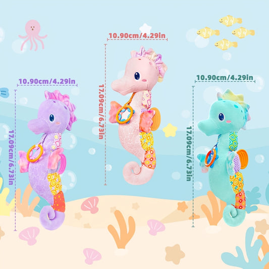 Infant Sensory Plush Toy for 0-6 Months, Soft Stuffed Animal with Crinkle Sounds, Rattle and Multiple Textures, Colorful Baby Gift for Tummy Time Play
