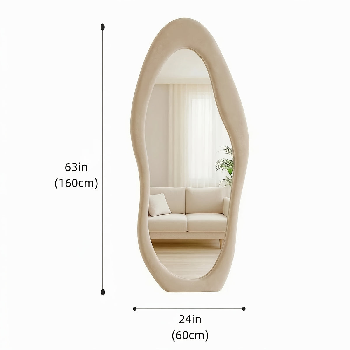 Full Length Mirror with Irregular Velvet Frame and Rounded Corners, Decorative Floor Mirror for Kids Room or Nursery in Six Colors