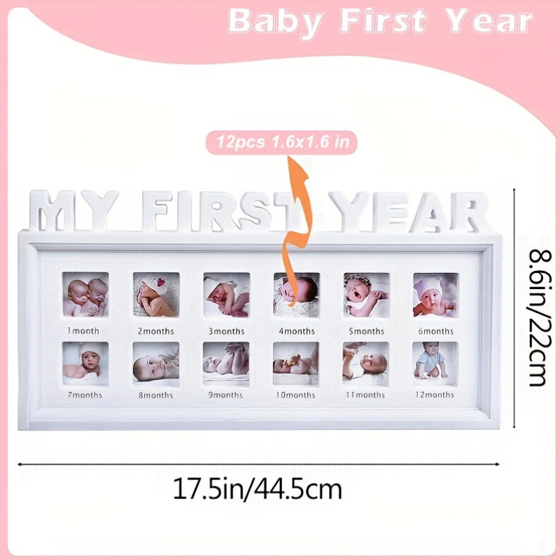 12-Month Baby Milestone Photo Frame in White, Neutral First-Year Picture Display and Keepsake Sign for First Birthday or Baby Shower Gifts