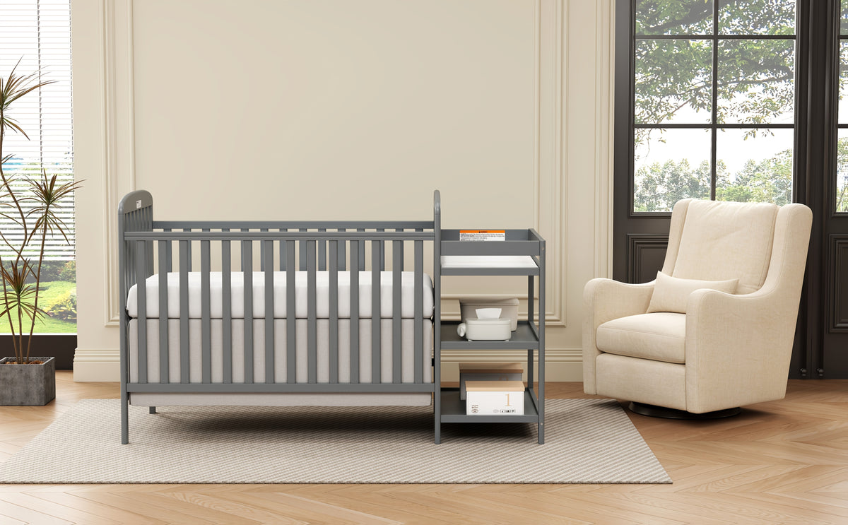 Baby Crib with Changing Table, Goldzone 4-in-1 Convertible Wooden Nursery Crib with Four Mattress Heights, Two Storage Shelves and Toddler Bed Conversion, White