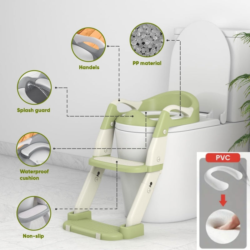 Toddler Potty Seat with Safety Harness, 3-in-1 Foldable Portable Toilet Trainer and Adjustable Step Stool for Boys and Girls