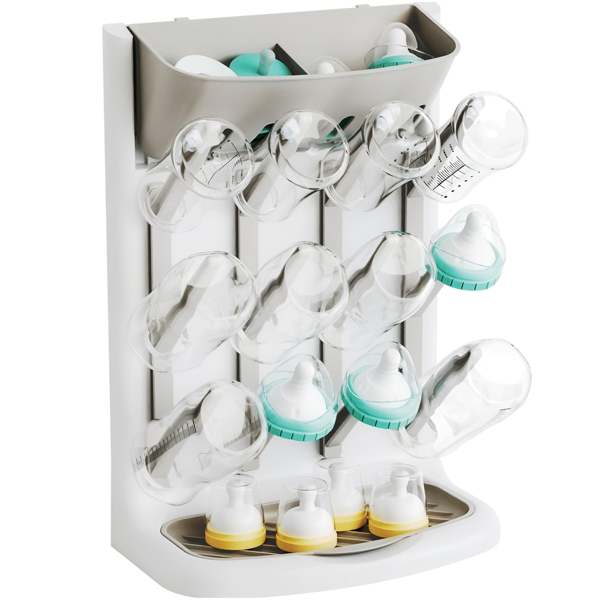 Space-Saving Bottle Drying Rack with Vertical Bottle Holders and Drip-Through Top Accessory Tray, Countertop Organizer for Baby Feeding Supplies
