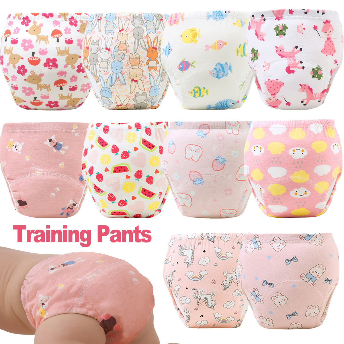 Cotton Toddler Diaper Training Pants 6-Pack with Underwater World or Pink Bunny Prints, Washable Reusable Absorbent Learning Underwear in Weight-Based Sizes
