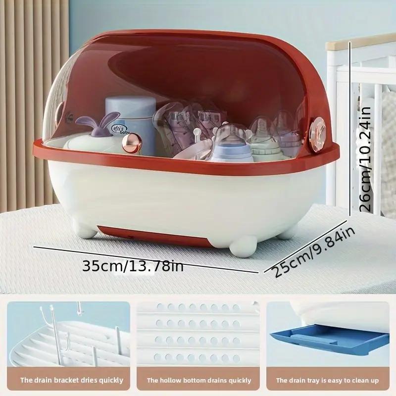 Baby Bottle Storage Box with Lid and Removable Drying Rack, Clear Countertop Organizer for Bottles, Nipples and Feeding Utensils in Three Colors