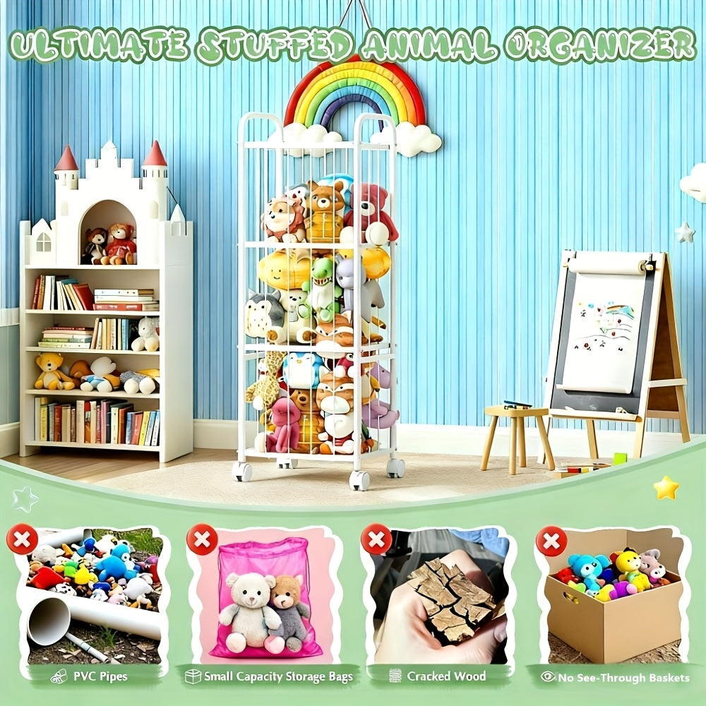 Stuffed Animal Zoo Storage Organizer with Braked Wheels, Extra-Large Metal Plush Toy Holder for Nursery, Kids Bedroom and Playroom, White