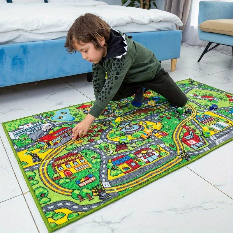 Pull-Back Car City Play Rug Set, 12 Friction-Powered Vehicles with a 58.5 Γ 31.5-Inch Road Map Carpet for Pretend Play, Ages 3+
