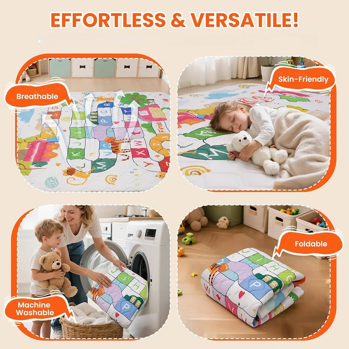 Animal Alphabet Baby Play Mat, Soft Non-Slip Foldable Crawling Floor Mat for Supervised Tummy Time, Machine Washable with Multiple Size Options
