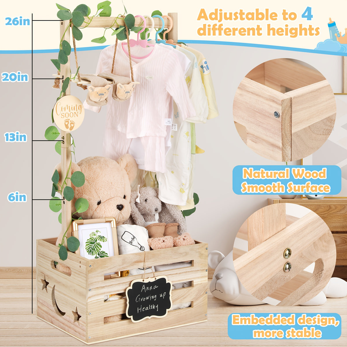 Wooden Baby Shower Gift Crate with Handle, Large 4-in-1 Assembly Basket for Pregnancy and New Parent Gift Displays and Keepsake Storage