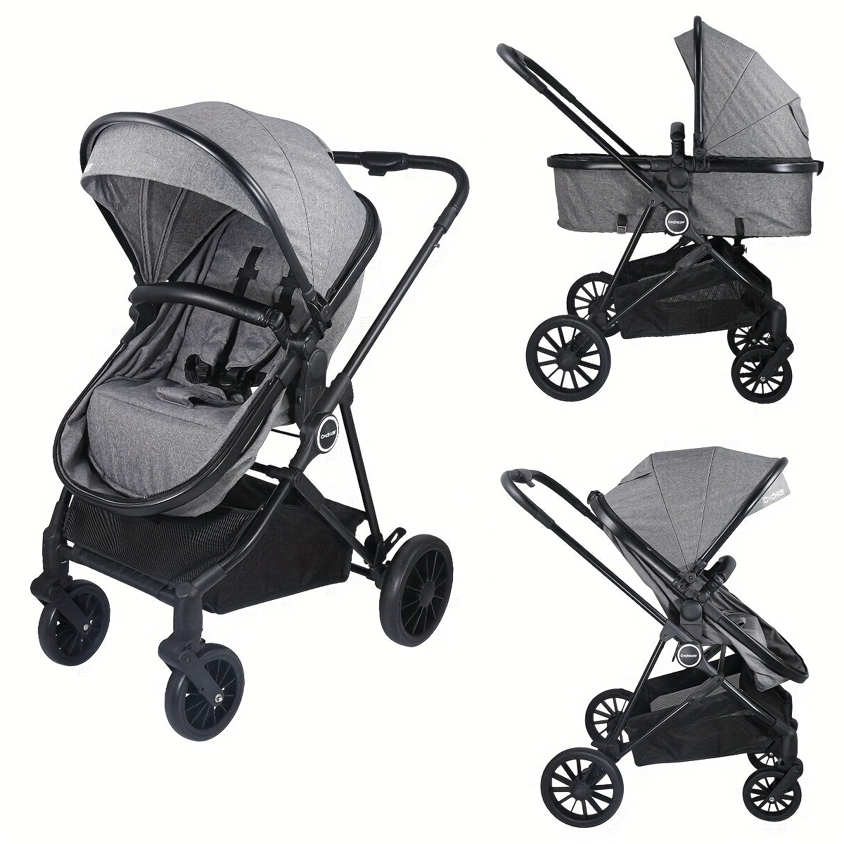 Reversible Baby Stroller with Parent-Facing and World-Facing Modes, Bassinet Configuration, Canopy and Storage Basket for Family Outings