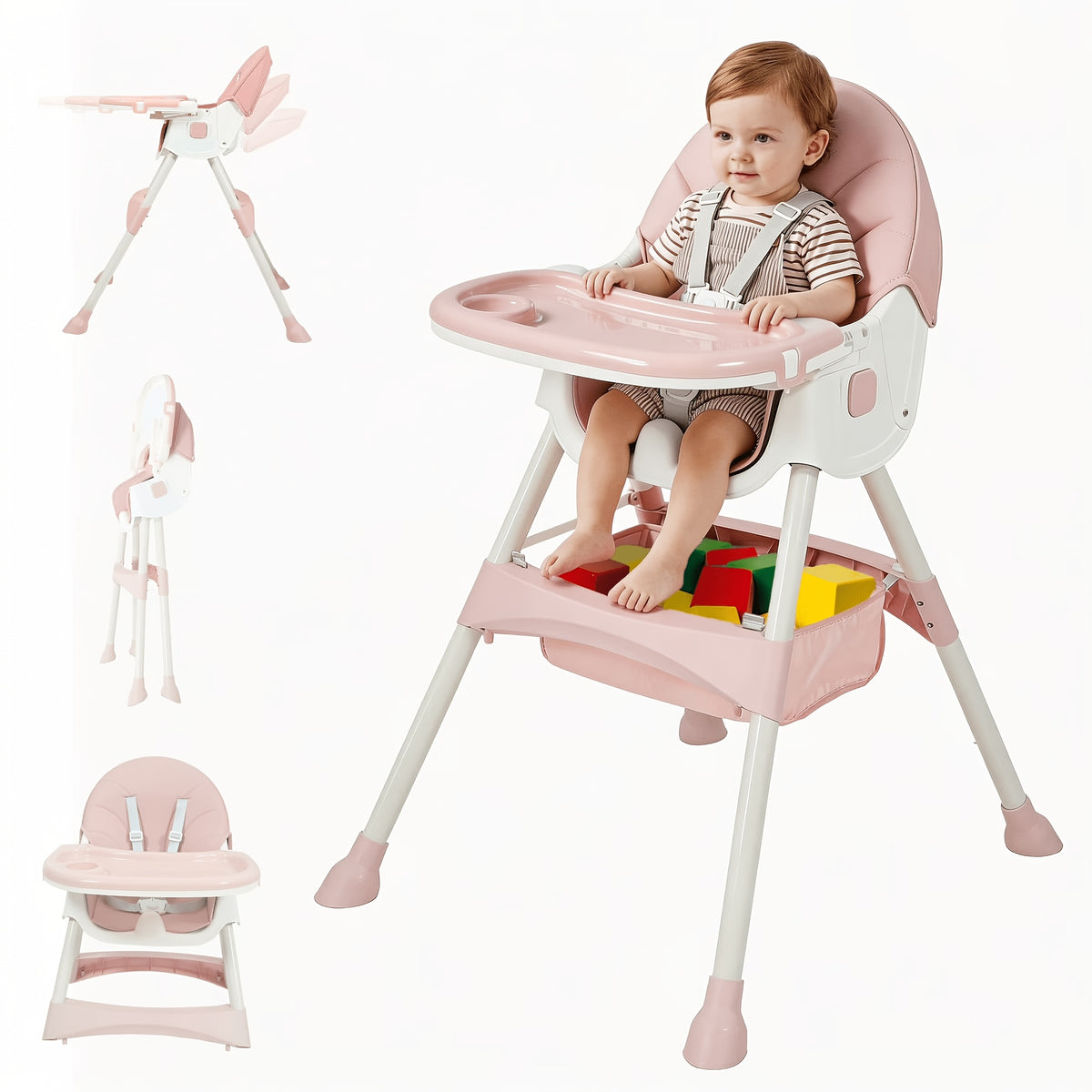 7-in-1 Convertible High Chair by Aprpink, Adjustable Folding Baby Feeding Seat with Dual-Layer Tray, Wipeable PU Cushion and 5-Point Harness