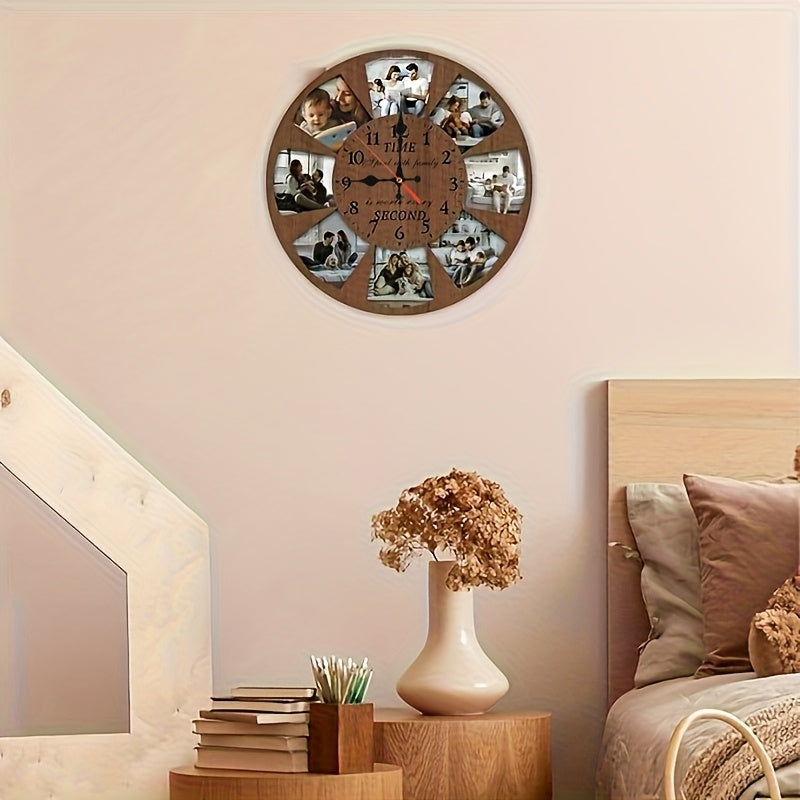 Custom Photo Collage Nursery Wall Clock with Round Wood-Grain Look, Personalized Battery-Operated Room Decor in 9.9 or 11.9 Inch Sizes