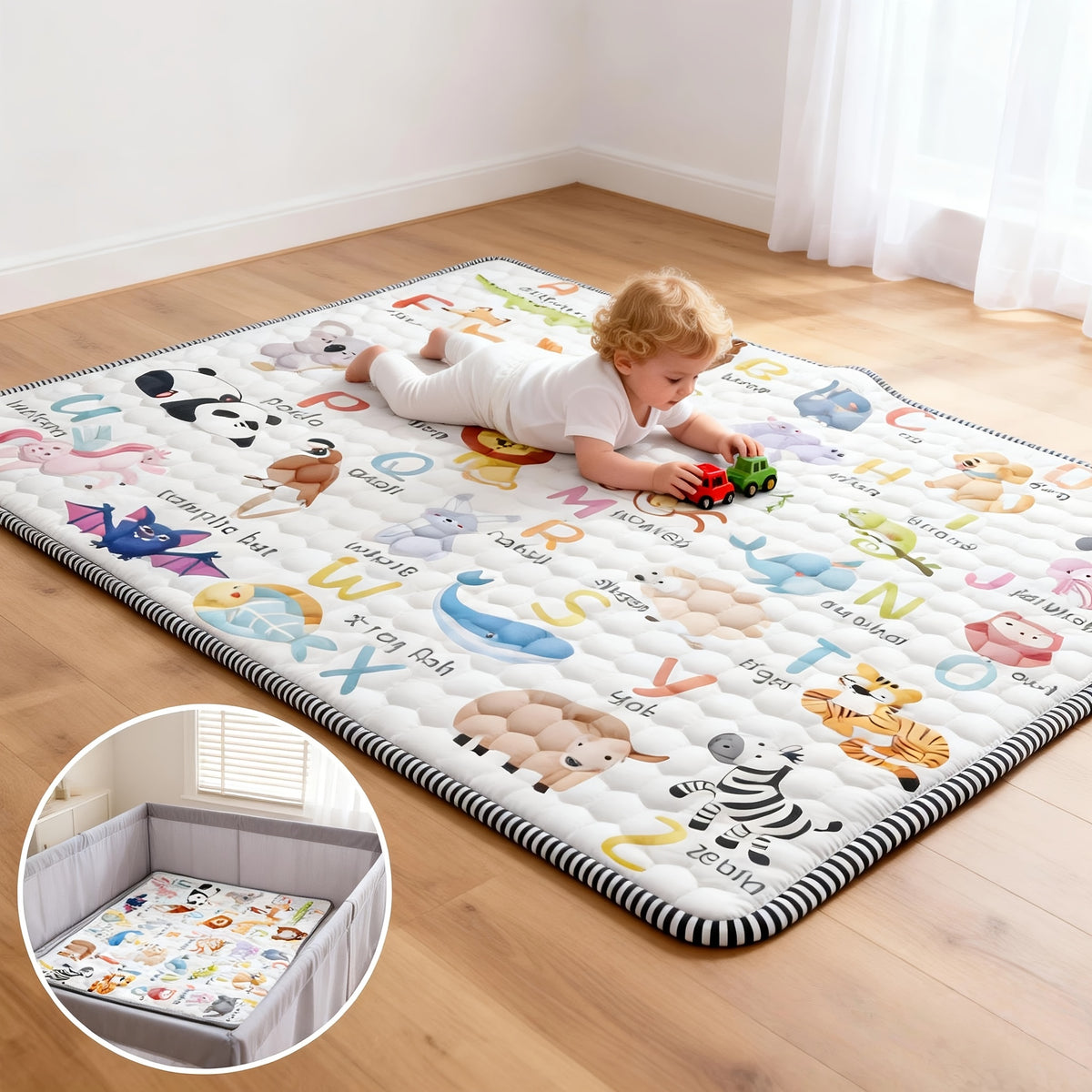 Animal Alphabet Baby Play Mat, Soft Non-Slip Foldable Crawling Floor Mat for Supervised Tummy Time, Machine Washable with Multiple Size Options