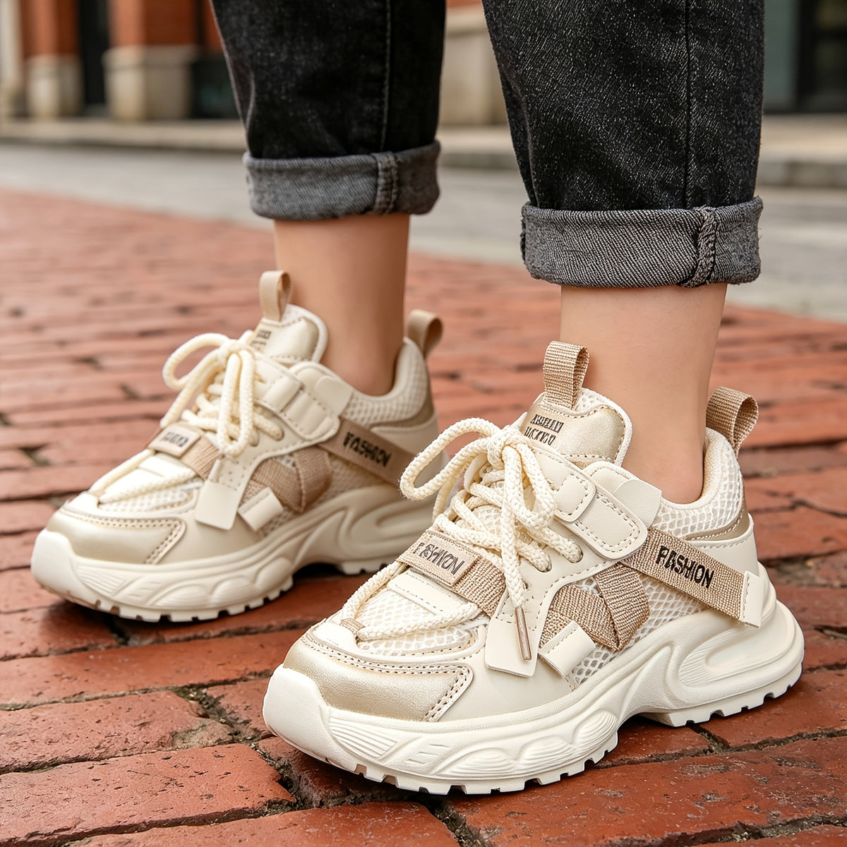Beige Toddler Running Sneakers for Girls, Lightweight Breathable Mesh Shoes with Non-Slip Design and Chunky Dad-Shoe Style, Casual Kids Footwear in Toddler to Big Kid Sizes