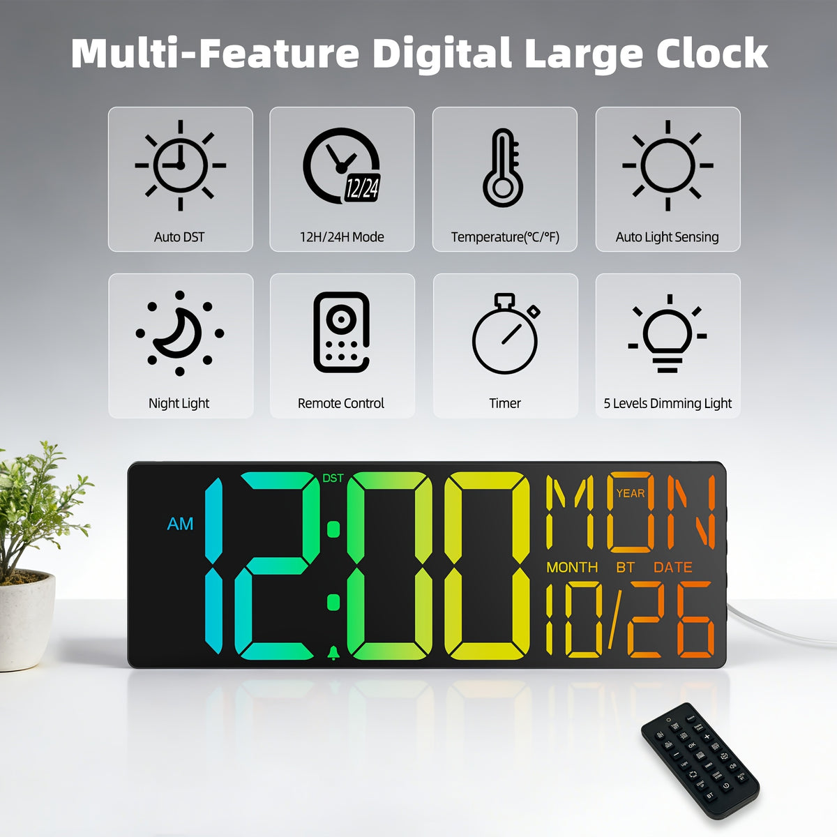 LED Digital Wall Clock 18 Inch with 8 RGB Display Colors, Remote Control and 10-Level Dimming, Timer, Temperature and Alarm for Home Rooms