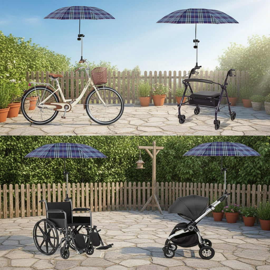 Umbrella Mount Bracket for Strollers, Adjustable No-Wrench Clamp Holder for Compatible Baby Carriages, Wheelchairs, Walkers and Bicycle Frames