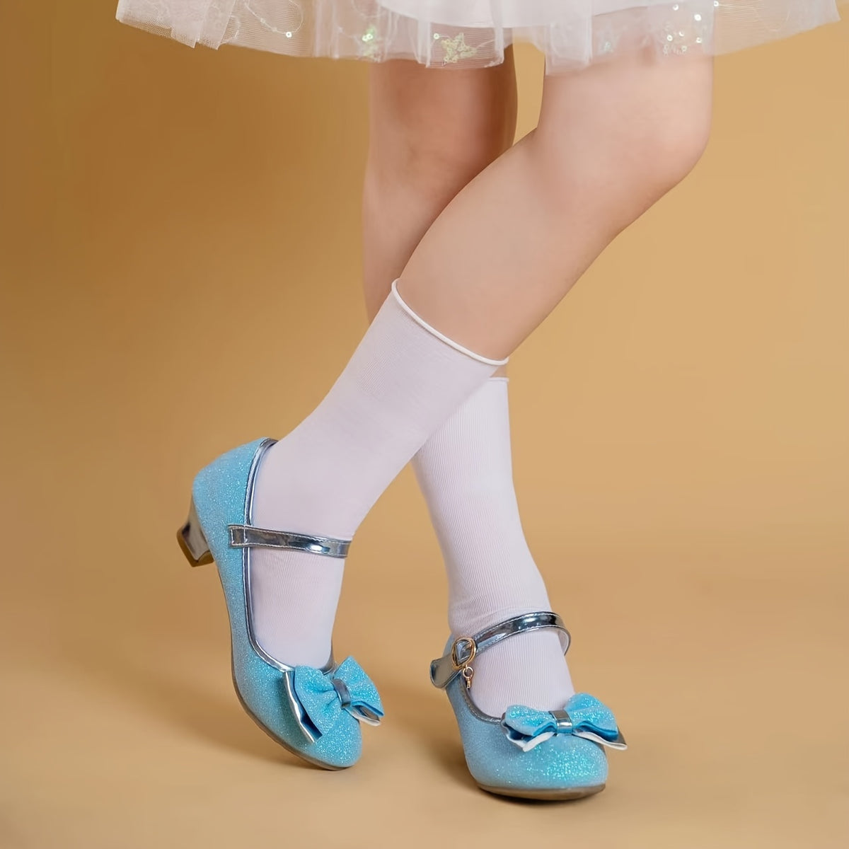 Girls Low Heel Mary Jane Shoes with Bow and Flower Details, Round-Toe Cushioned Dress Shoes in Blue or Purple for Toddler to Big Kid Parties and Weddings