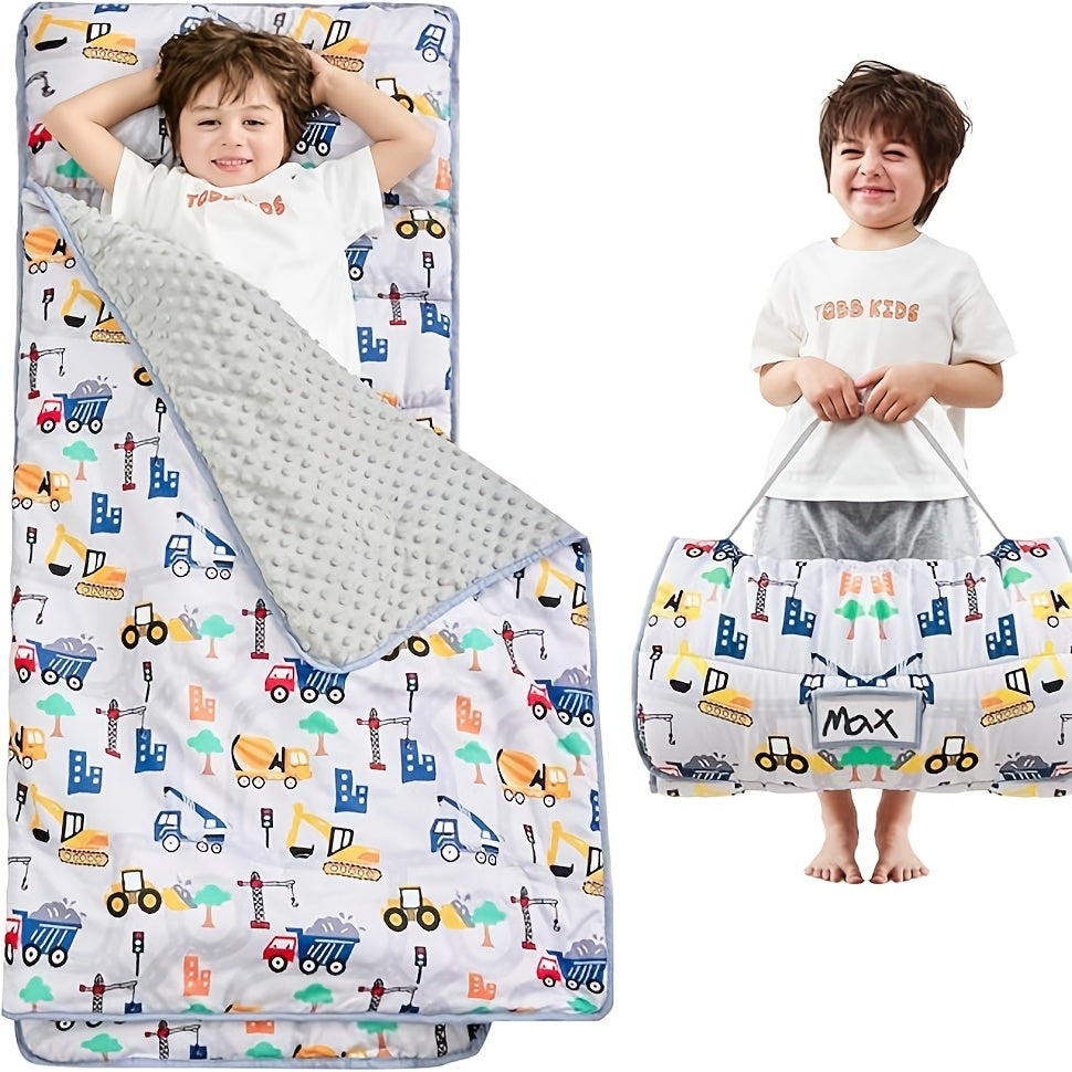 Kids Nap Mat with Pillow and Blanket for Preschool Daycare, Roll-Up Slumber Mat for Boys and Girls, Colorful Prints for Travel and Rest Time
