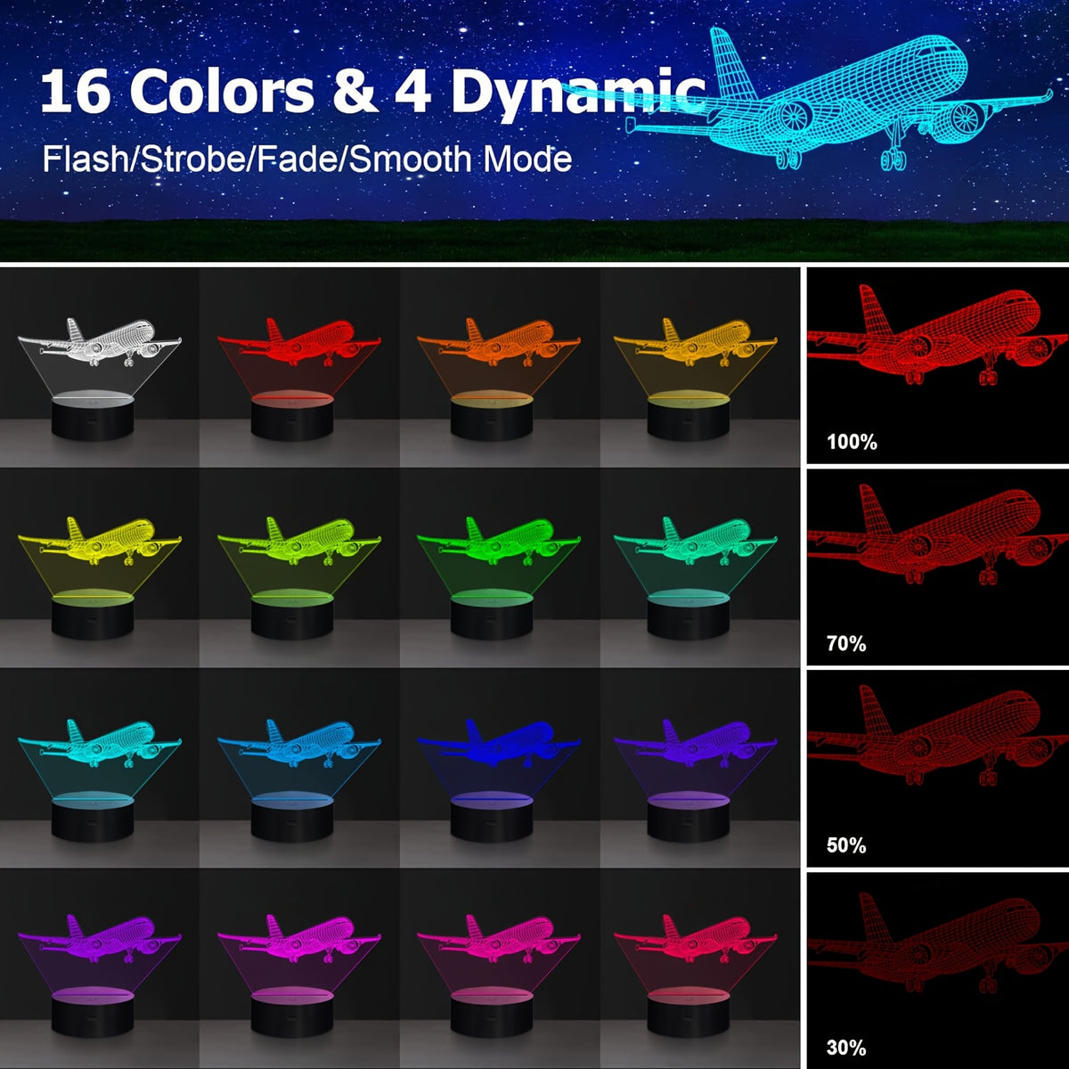 Airplane Night Light with 3D Illusion Design, 16 Touch-Control Color Options and Plug-In Base for Bedroom or Nursery Decor Gifts