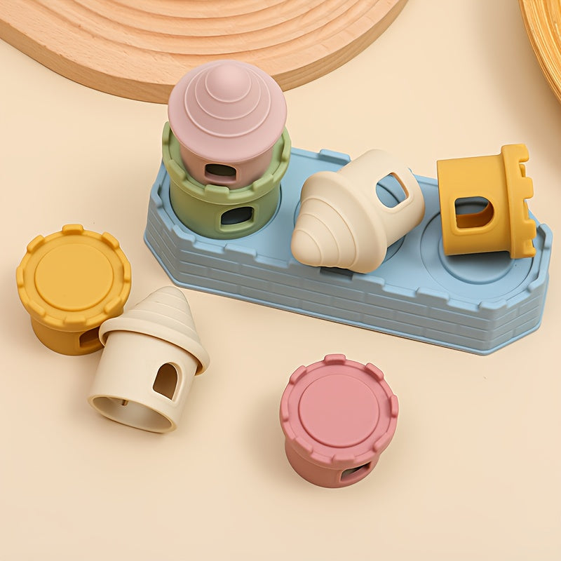 Silicone Castle Stacking Toy with Pastel Building Pieces, Soft Stacking and Nesting Set for Color and Shape Exploration and Supervised Play