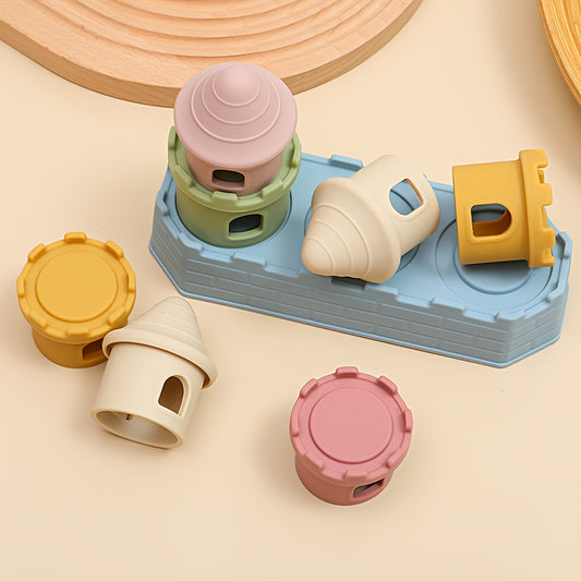 Silicone Castle Stacking Toy with Pastel Building Pieces, Soft Stacking and Nesting Set for Color and Shape Exploration and Supervised Play